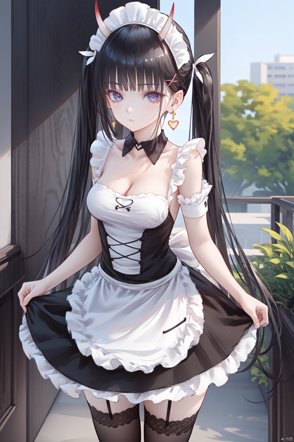  1girl,solo,(masterpiece:1.3),( beautiful:1.2),(high quality:1.2),(finely detailed:1.2),extremely detailed CG unity 8k wallpaper,best quality,a very delicate and beautiful,perfect fingers,(one cute girl at the center:1.2),
long hair, breasts,blunt bangs,black hair, hair ornament, very long hair, purple eyes, x hair ornament, hairclip,oni horns,black hair, jewelry, collarbone, earrings,pantyhose,black pantyhose,noshiroAL,

 thighhighs, dress, cleavage, bare shoulders, twintails,frills, black thighhighs, apron, black dress, collar, official alternate costume, maid, maid headdress, strapless, detached collar, garter straps, frilled dress, white apron, strapless dress, maid apron, noshiroMaid,noshiroFes
