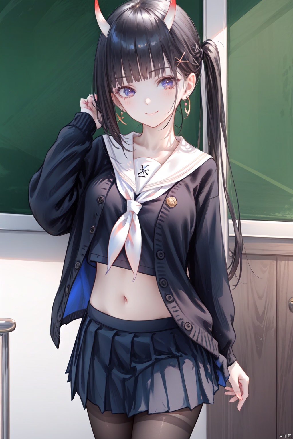  1girl,solo,(masterpiece:1.3),( beautiful:1.2),(high quality:1.2),(finely detailed:1.2),extremely detailed CG unity 8k wallpaper,best quality,a very delicate and beautiful,perfect fingers,(one cute girl at the center:1.2),
long hair, breasts,blunt bangs,black hair, hair ornament, very long hair, purple eyes, x hair ornament, hairclip,oni horns,black hair, jewelry, collarbone, earrings,pantyhose,black pantyhose,noshiroAL,

 skirt, shirt, long sleeves, navel, school uniform, pleated skirt, open clothes, serafuku, midriff, miniskirt, black skirt, sailor collar,neckerchief, black shirt, cardigan, black serafuku, white sailor collar, open cardigan,midriffpeek,blackcardigan, sunlight, indoors, smile