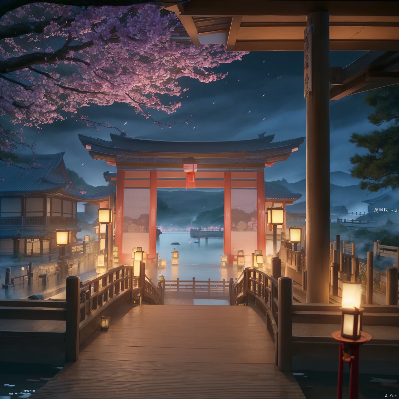 no humans,(8k, RAW photo, best quality, masterpiece:1.2),hatching (texture),skin gloss,light persona,
(high detailed skin),
scenery,no humans,architecture,east asian architecture,lantern,water,chinese text,lily pad,tree,candle,cherry blossoms,bridge, ty-hd, gf-hd, mz-hd