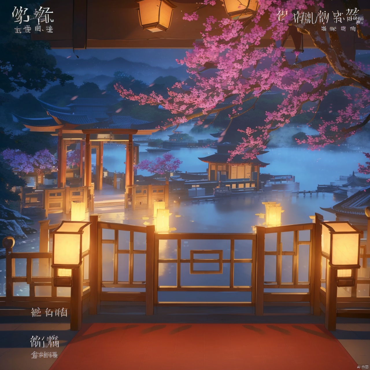 no humans,(8k, RAW photo, best quality, masterpiece:1.2),hatching (texture),skin gloss,light persona,
(high detailed skin),
scenery,no humans,architecture,east asian architecture,lantern,water,chinese text,lily pad,tree,candle,cherry blossoms,bridge, ty-hd, gf-hd, mz-hd