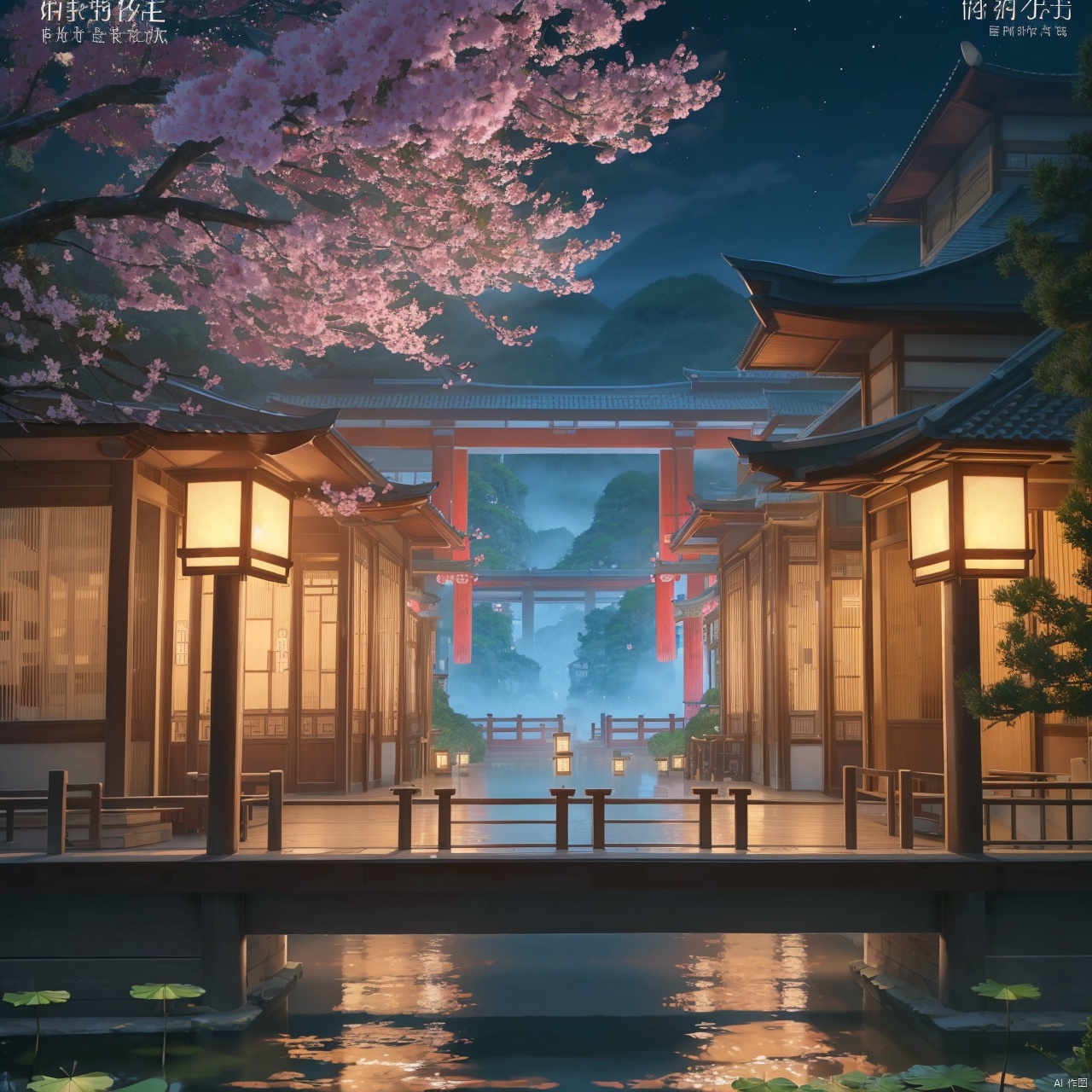 no humans,(8k, RAW photo, best quality, masterpiece:1.2),hatching (texture),skin gloss,light persona,
(high detailed skin),
scenery,no humans,architecture,east asian architecture,lantern,water,chinese text,lily pad,tree,candle,cherry blossoms,bridge, ty-hd, gf-hd, mz-hd