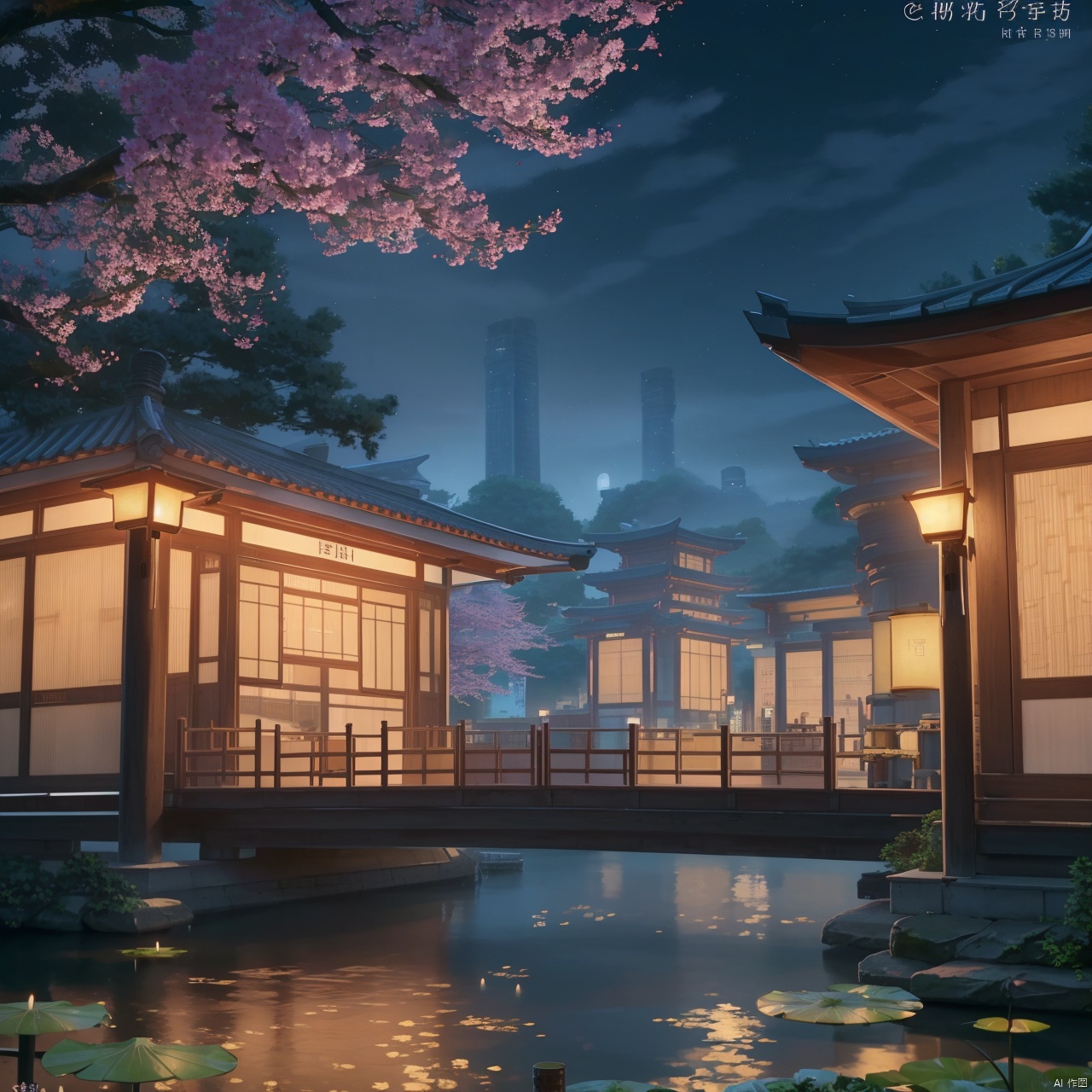 no humans,(8k, RAW photo, best quality, masterpiece:1.2),hatching (texture),skin gloss,light persona,
(high detailed skin),
scenery,no humans,architecture,east asian architecture,lantern,water,chinese text,lily pad,tree,candle,cherry blossoms,bridge, ty-hd, gf-hd, mz-hd