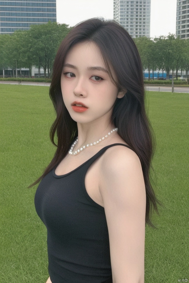  A woman with long hair wearing a pearl necklace,taking a selfie with a pouting kiss expression. She is dressed in a black sleeveless top. The setting is outdoors,likely in a public space with a grassy area and modern buildings. Natural lighting illuminates her from the side.,
realistic,photoshop \(medium\),high quality,