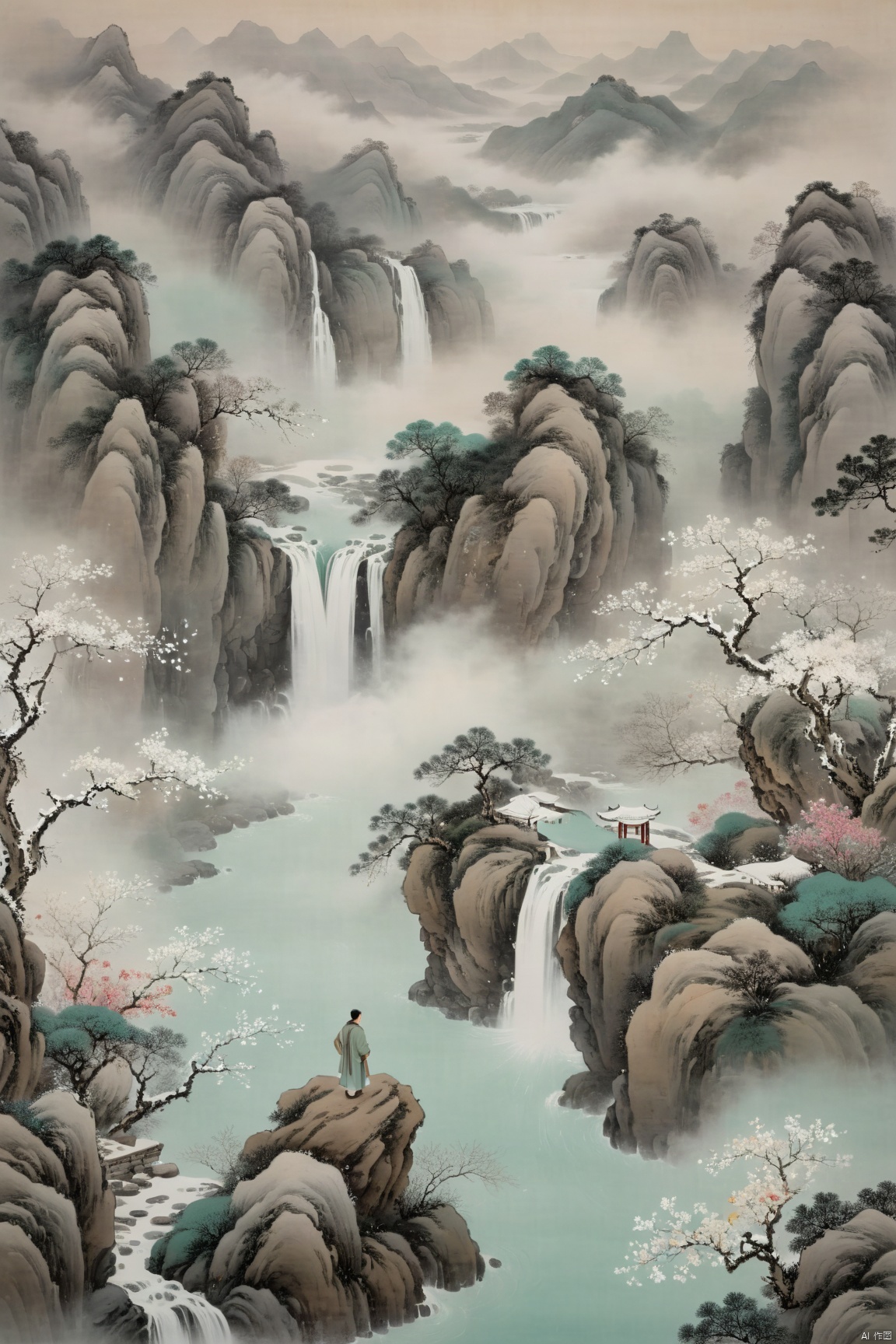 winter,snowing,snowflake,Air perspective, defocus, depth of field,(((foggy))),wide falls,flowers,mountain,Flat coating,light color,foggy,Chinese ancientpaintings,traditional chinese ink painting,cyan and pure white ink painting,a man standing on a stone,high view
