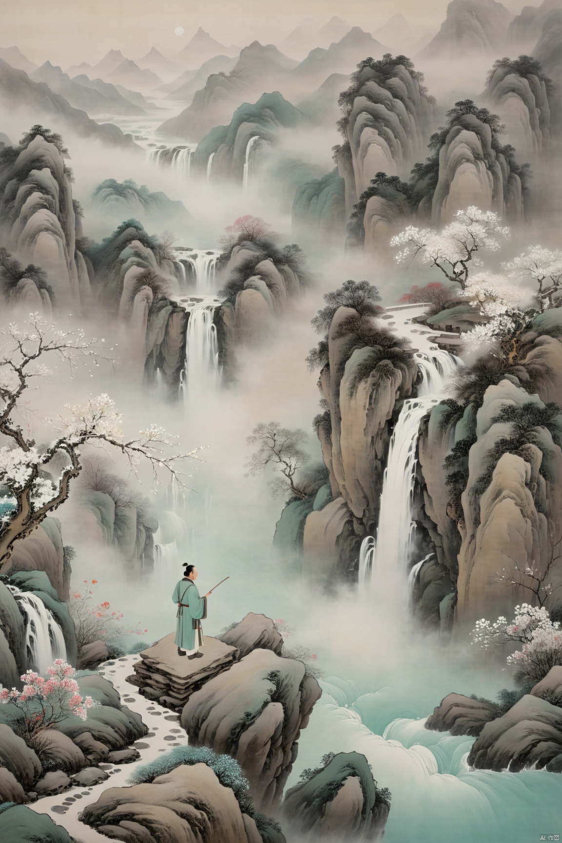 winter,snowing,snowflake,Air perspective, defocus, depth of field,(((foggy))),wide falls,flowers,mountain,Flat coating,light color,foggy,Chinese ancientpaintings,traditional chinese ink painting,cyan and pure white ink painting,a man standing on a stone,high view