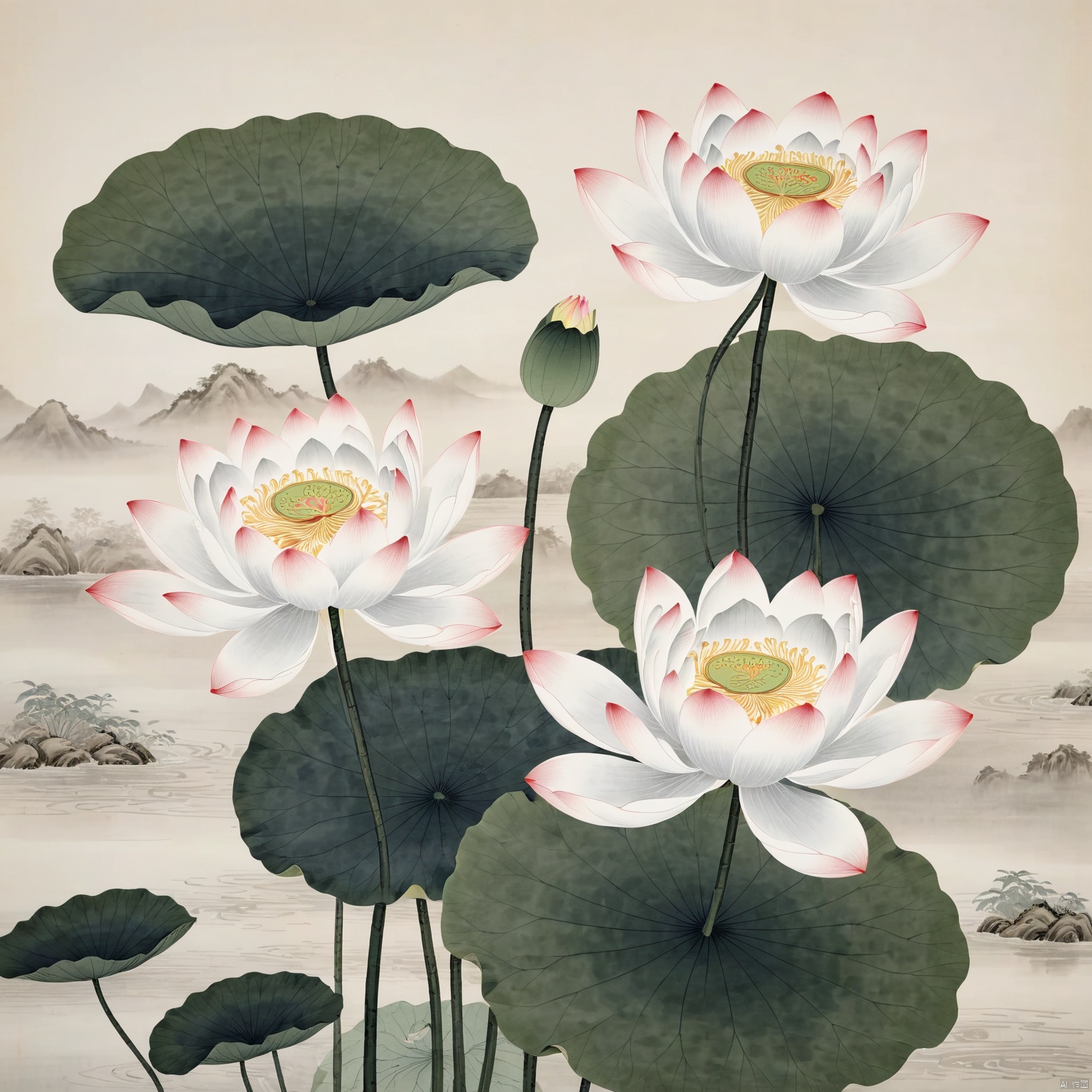 Lace,reference to Chinese Qi Baishi's prawn paintings,white background,light gray,thin texture,ancient paper texture,Chinese art,Song Dynasty,Xuan paper. Lotus,whether in full bloom or not,is light in color.,