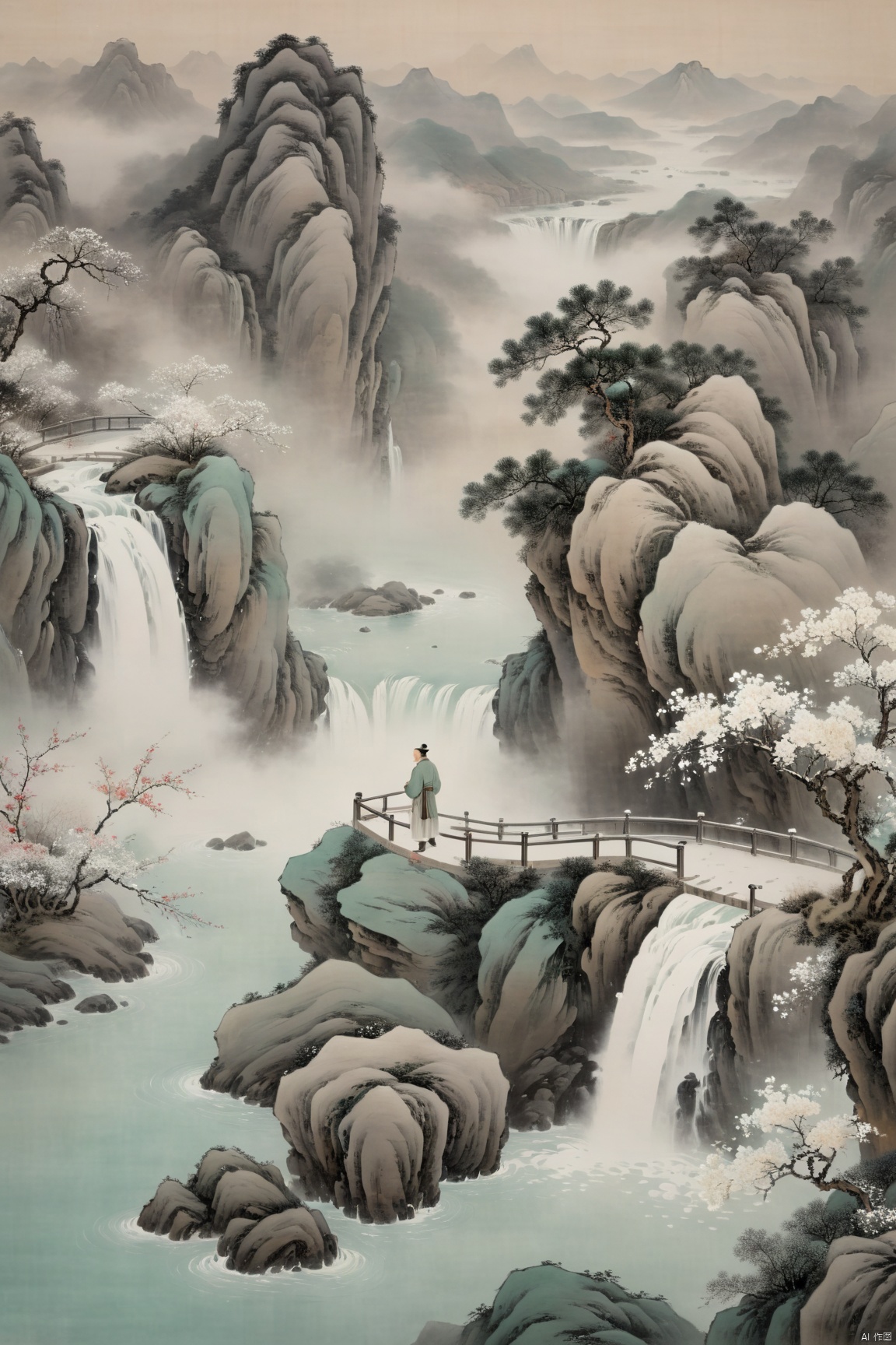 winter,snowing,snowflake,Air perspective, defocus, depth of field,(((foggy))),wide falls,flowers,mountain,Flat coating,light color,foggy,Chinese ancientpaintings,traditional chinese ink painting,cyan and pure white ink painting,a man standing on a stone,high view