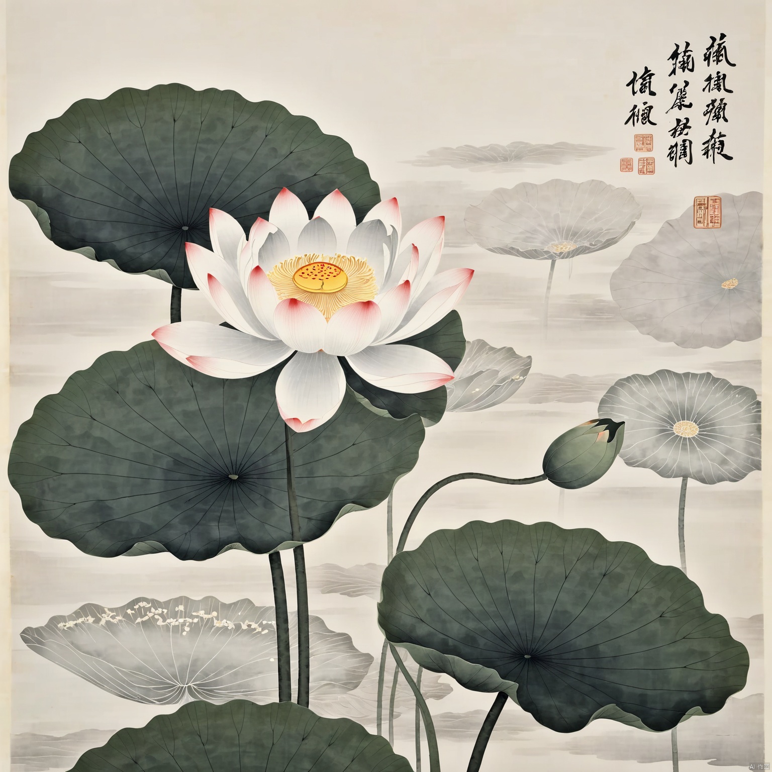 Lace,reference to Chinese Qi Baishi's prawn paintings,white background,light gray,thin texture,ancient paper texture,Chinese art,Song Dynasty,Xuan paper. Lotus,whether in full bloom or not,is light in color.,