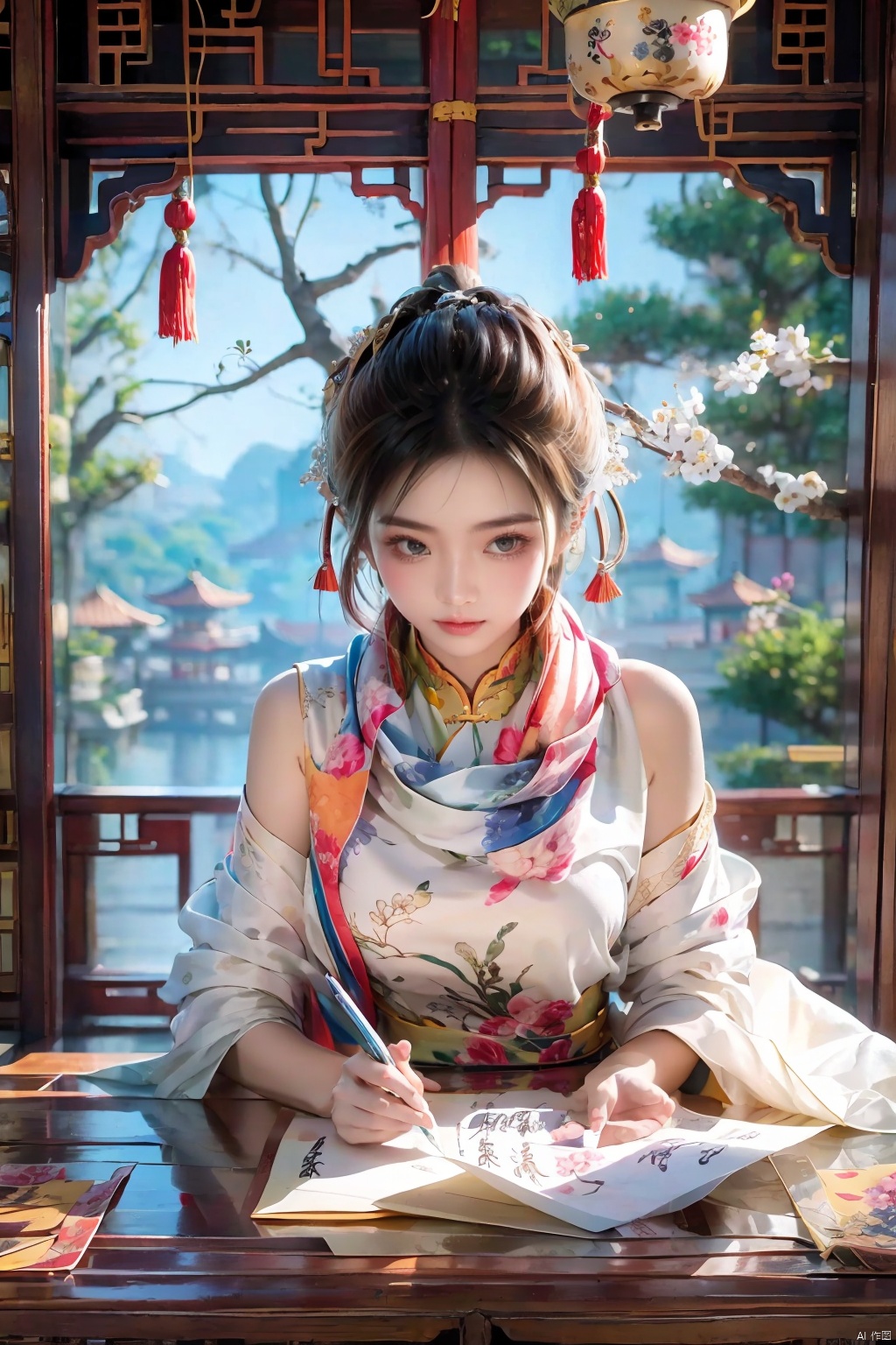  1girl,Chinese dress, table, scarf, wind, tea cup, Ancient architecture, calligraphy,pavilion, pen,flower branch