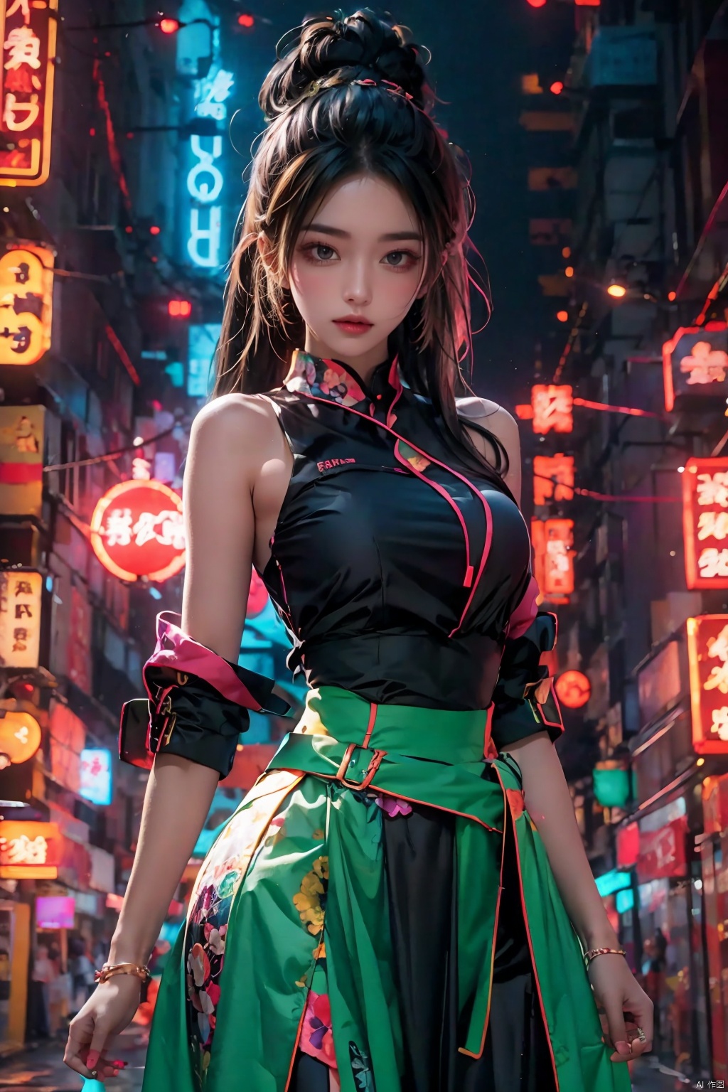 1girl,high-waist skirt,neon lights