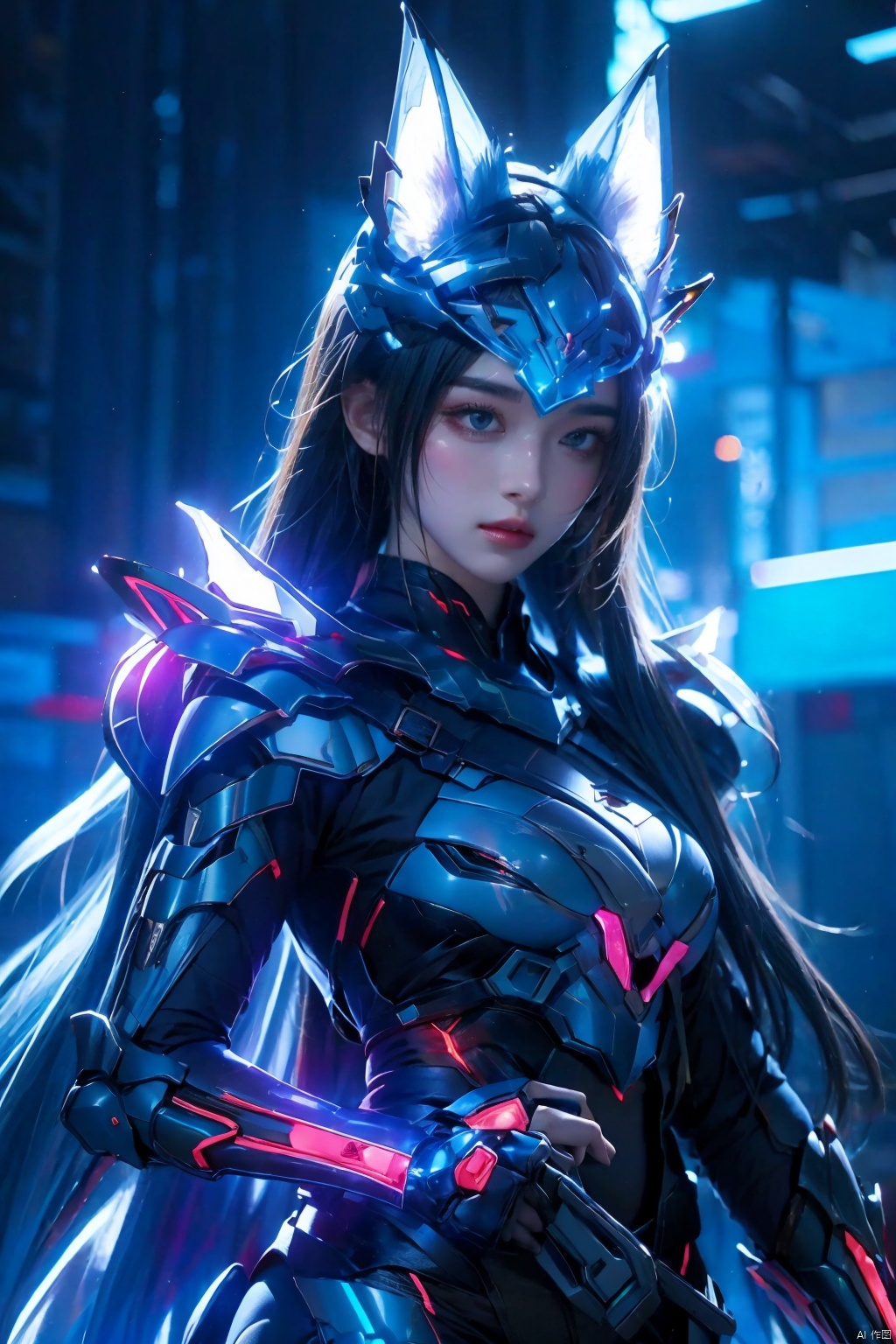  1girl,Armor, neon lights,,Animal ears