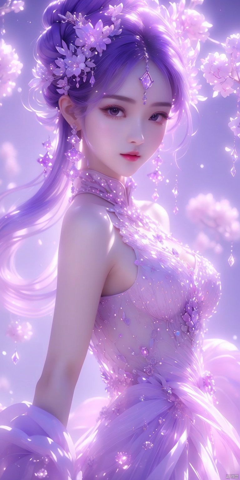  1 girl,(Purple light effect),hair ornament,jewelry,looking at viewer, (\meng ze\), wangyushan, dofas,(ultra-detailed crystallization),transparent crystals,
