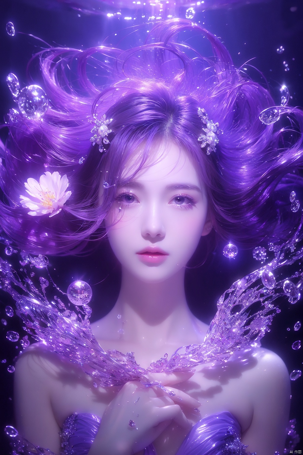  1 girl,(Purple light effect),hair ornament,jewelry,looking at viewer,flower,floating hair,water,underwater,air bubble,submerged

