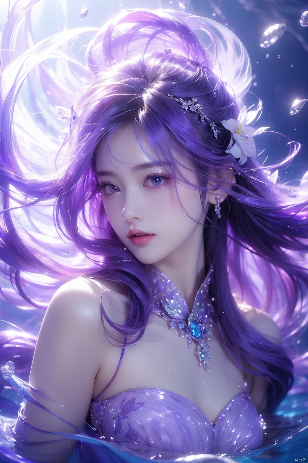  1 girl,(Purple light effect),hair ornament,jewelry,looking at viewer,flower,floating hair,water,underwater,air bubble,submerged

