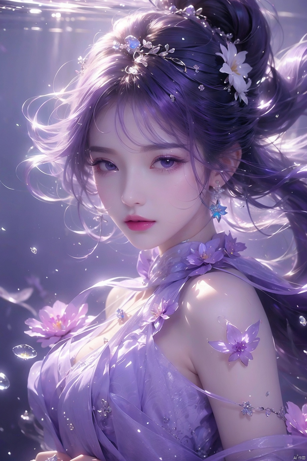  1 girl,(Purple light effect),hair ornament,jewelry,looking at viewer,flower,floating hair,water,underwater,air bubble,submerged

