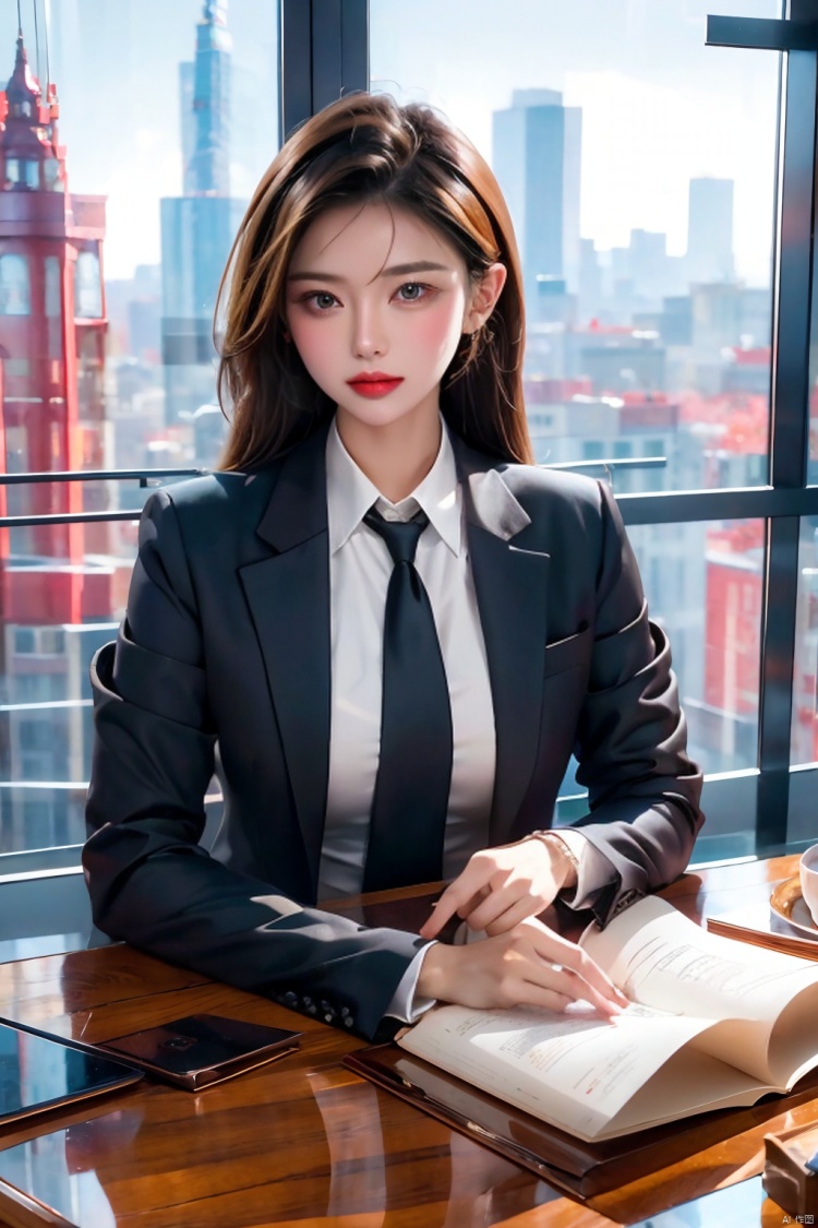 1girl,office,orehead mark,mole,(European model: 1.3),31 years old, exquisite, business women's clothing, (jacket: 1.1),High collar,(shirt: 1.1), filigreth, quality, skyscraper boss's office, windows that can see the cityscape, film grain, depth of field ,
