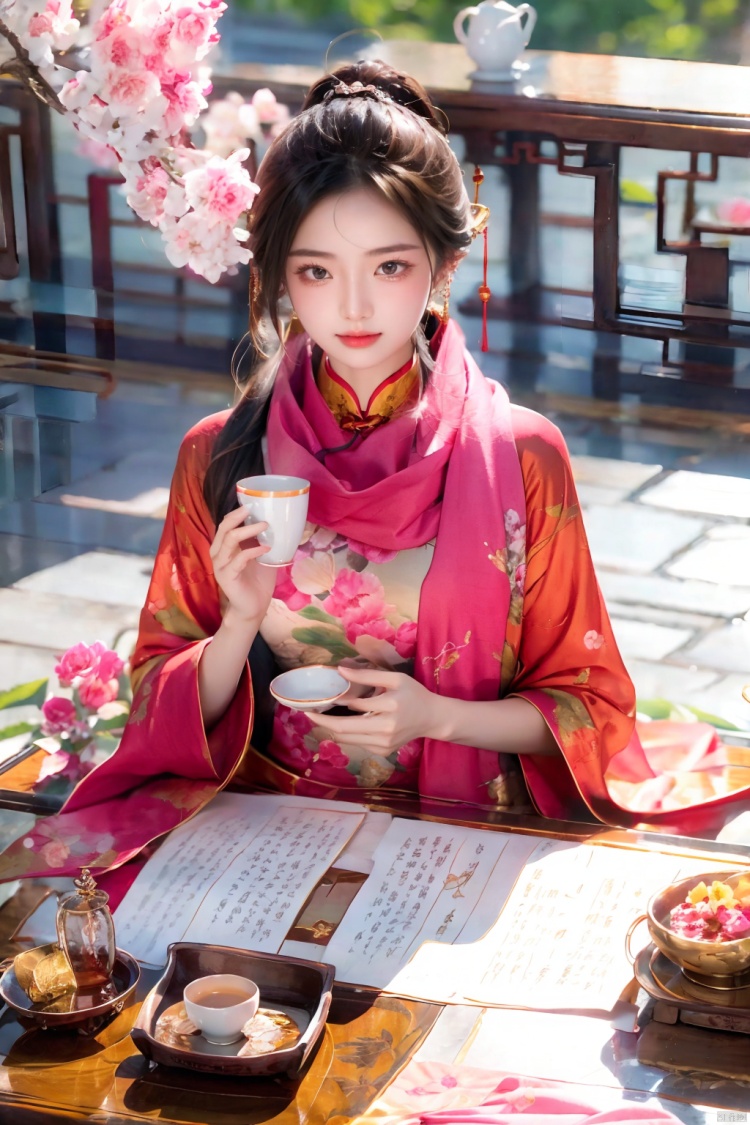  1girl,Chinese dress, table, scarf, wind, tea cup, flower branch,