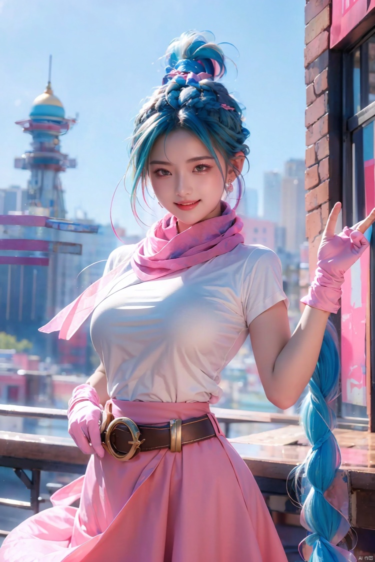 masterpiece,best quality,highres,dragon ball,blmpony,aqua hair,hair ribbon,(blue braided ponytail:1.2),pink shirt,belt,scarf,pink skirt,clothes writing,brown gloves,medium breasts,outdoors,cowboy shot,waving,smile,solo,(Masterpiece, high quality, best quality, official art, beauty and aesthetics:1.2),