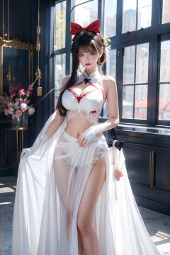 1girl,solo,perfect face,look at viewer,standing,full body,
cosplay photo,bangs,hair bow,black bow,hairclip,silver hair,very long hair,hair ribbon,red eyes,closed mouth,lips,
bare shoulders,chain,large breasts,cleavage,covered navel,white wedding dress,wet,see-through,sleeveless,elbow gloves,white gloves,lace,lace trim,
masterpiece,best quality,highly detailed,