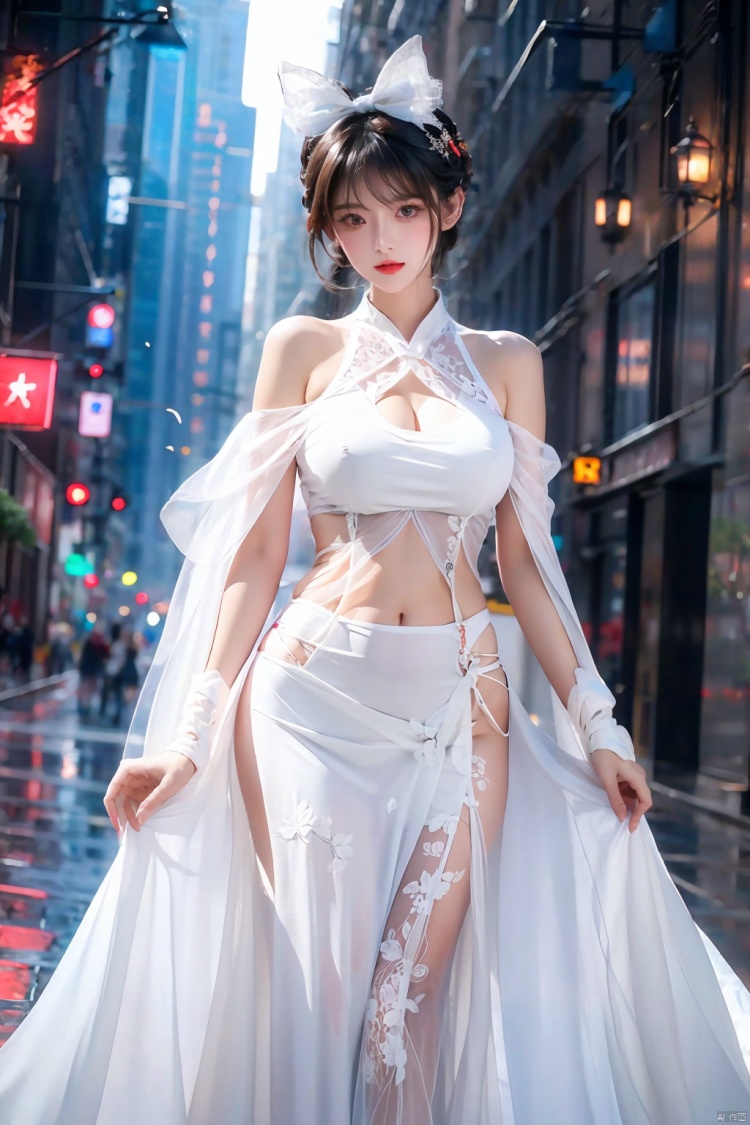  1girl,solo,perfect face,look at viewer,standing,full body,
cosplay photo,bangs,hair bow,black bow,hairclip,silver hair,very long hair,hair ribbon,red eyes,closed mouth,lips,
bare shoulders,chain,large breasts,cleavage,covered navel,white wedding dress,wet,see-through,sleeveless,elbow gloves,white gloves,lace,lace trim,
masterpiece,best quality,highly detailed,