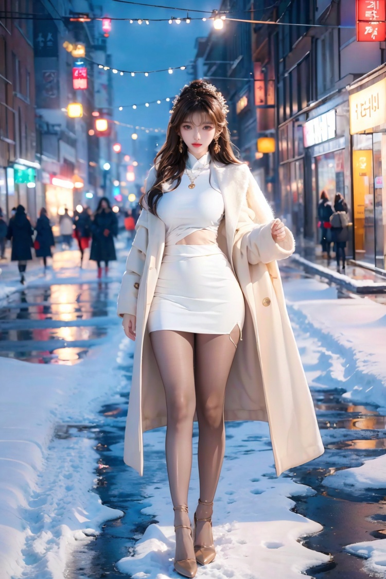 Canon RF85mm f/1.2,masterpiece,best quality,ultra highres,cowbody shot,1 girl,beautiful long legs,(korean mixed,kpop idol:1.2),solo,shiny_skin,very white skin,necklace,earrings,jewelry,(long_brown_wavy_hair,bangs),red_shiny_lips,eyelashes,make-up,shiny,Pore,skin texture,big breasts,((wearing elegant warm winter fashion clothing,standing outside in snowy city street)):1.5,(Pantyhose:1.2)