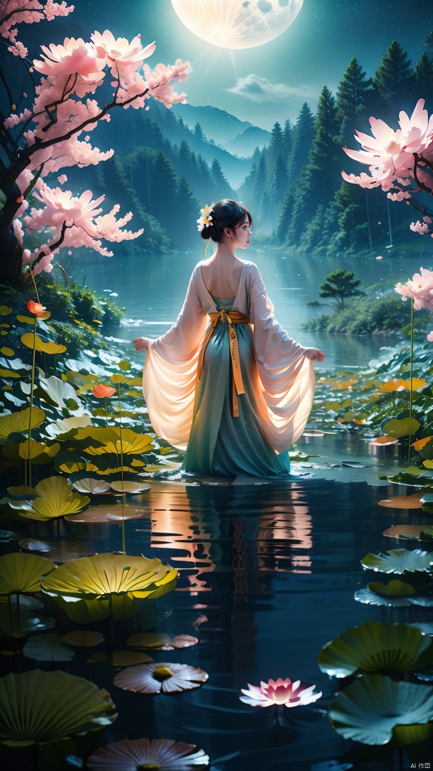full moon,The Great Moon,moonlight,1girl,bangs,black hair,branch,caustics,cloud,cloudy sky,flower,horizon,lake,lily pad,long sleeves,lotus,mountainous horizon,night sky,Yellow and orange Hanfu,Diagonal back to the camera, looking back,night,A huge red lotus flower,outdoors,partially underwater shot,petals,petals on liquid,pond,pool,reflection,ripples,scenery,shore,sky,solo,standing,standing on liquid,star \(sky\),starry sky,tree,wading,walking on liquid,water, 1girl, glow, hand101