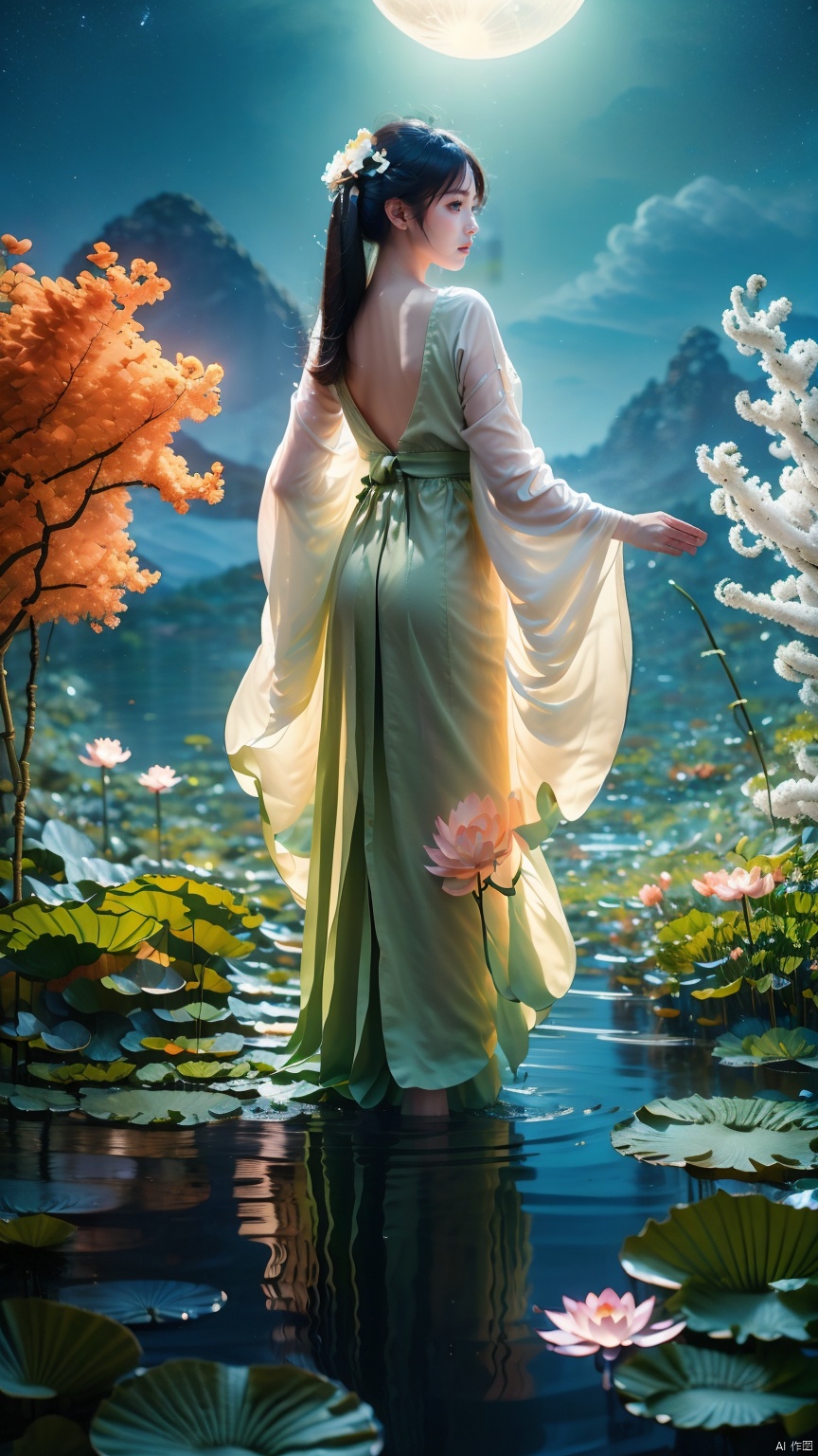 full moon,The Great Moon,moonlight,1girl,bangs,black hair,branch,caustics,cloud,cloudy sky,flower,horizon,lake,lily pad,long sleeves,lotus,mountainous horizon,night sky,Yellow and orange Hanfu,Diagonal back to the camera, looking back,night,A huge red lotus flower,outdoors,partially underwater shot,petals,petals on liquid,pond,pool,reflection,ripples,scenery,shore,sky,solo,standing,standing on liquid,star \(sky\),starry sky,tree,wading,walking on liquid,water, 1girl, glow, hand101