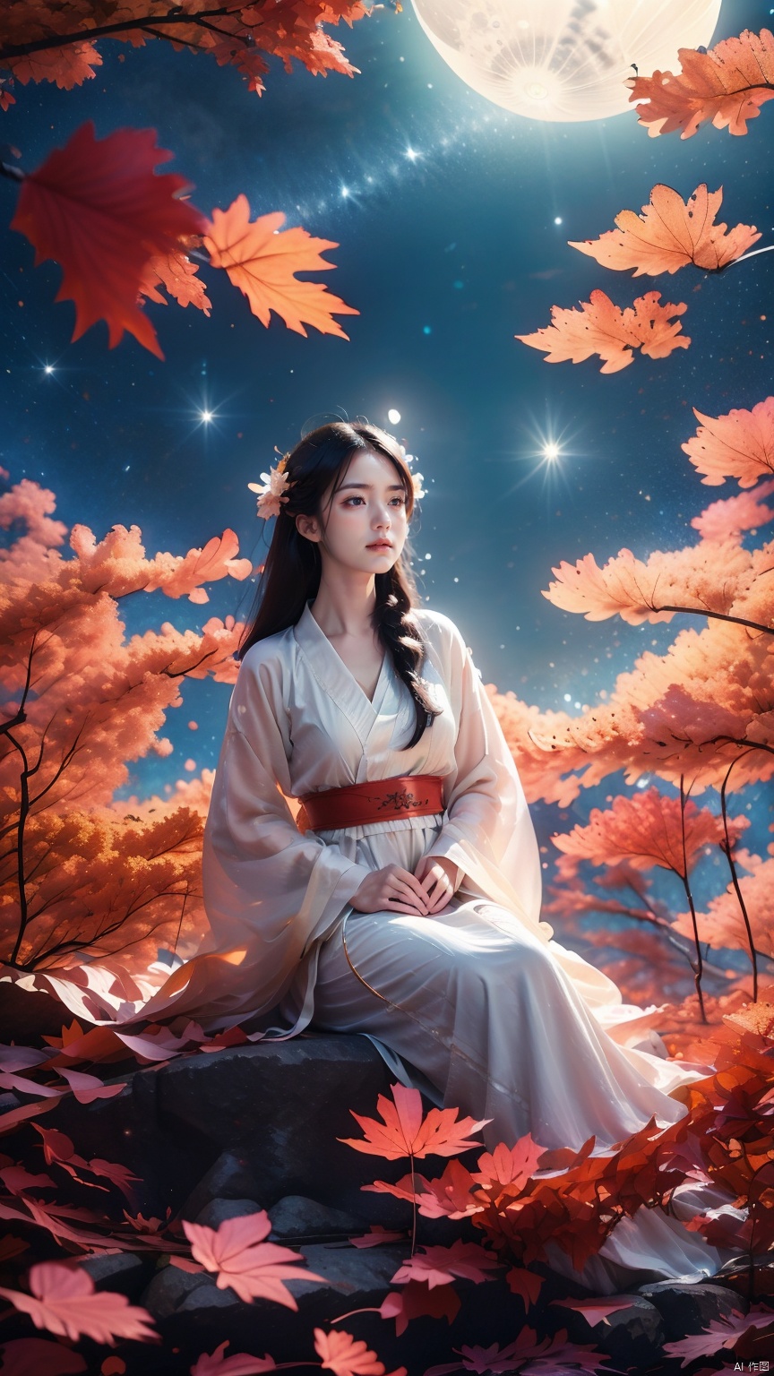 full moon,A huge moon,moonlight,1girl,autumn,autumn leaves,black hair,cloud,constellation,falling leaves,galaxy,leaf,night,Slightly sideways, upper body, above knee level,Red Hanfu,lips,long hair,maple leaf,milky way,night sky,outdoors,sky,solo,space,star \(sky\),starry sky,starry sky print,tree, 1girl, glow, hand101