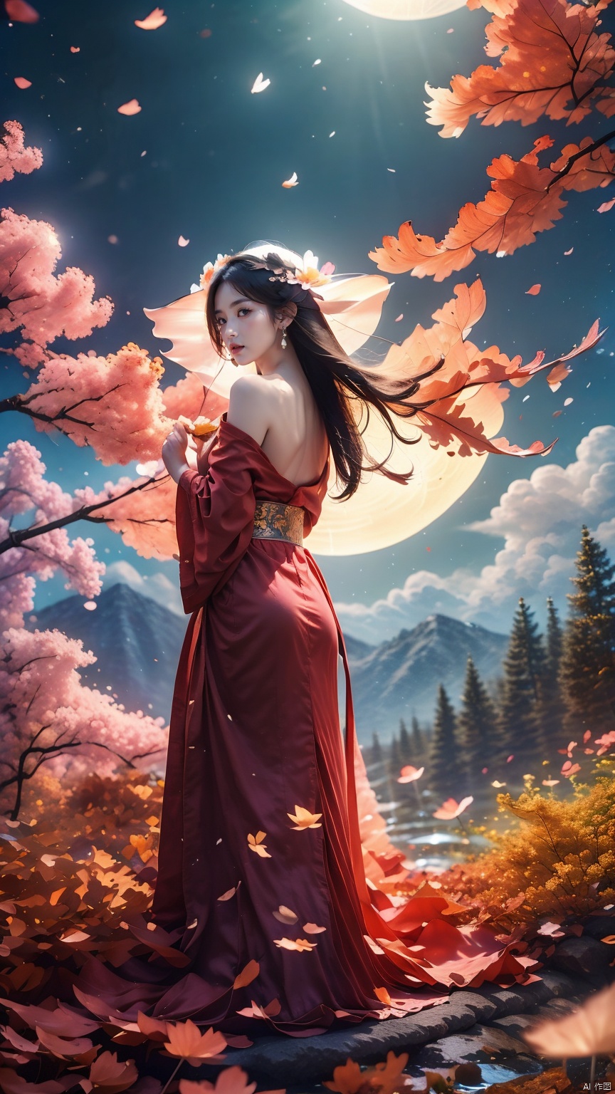 full moon,Normal size moon,moonlight,1girl,Girl's posture,autumn,autumn leaves,black hair,cloud,dress,earrings,falling leaves,falling petals,flower,ginkgo leaf,Duo Lianhua Lian Ye,Close range,Looking at the camera,Headwear,Diagonal body, upper body, above buttocks,Holding a lotus flower in both hands,night,hanfu,holding,jewelry,leaf,leaves in wind,lips,maple leaf,night sky,outdoors,petals,rose petals,sky,solo,water, 1girl, glow, hand101