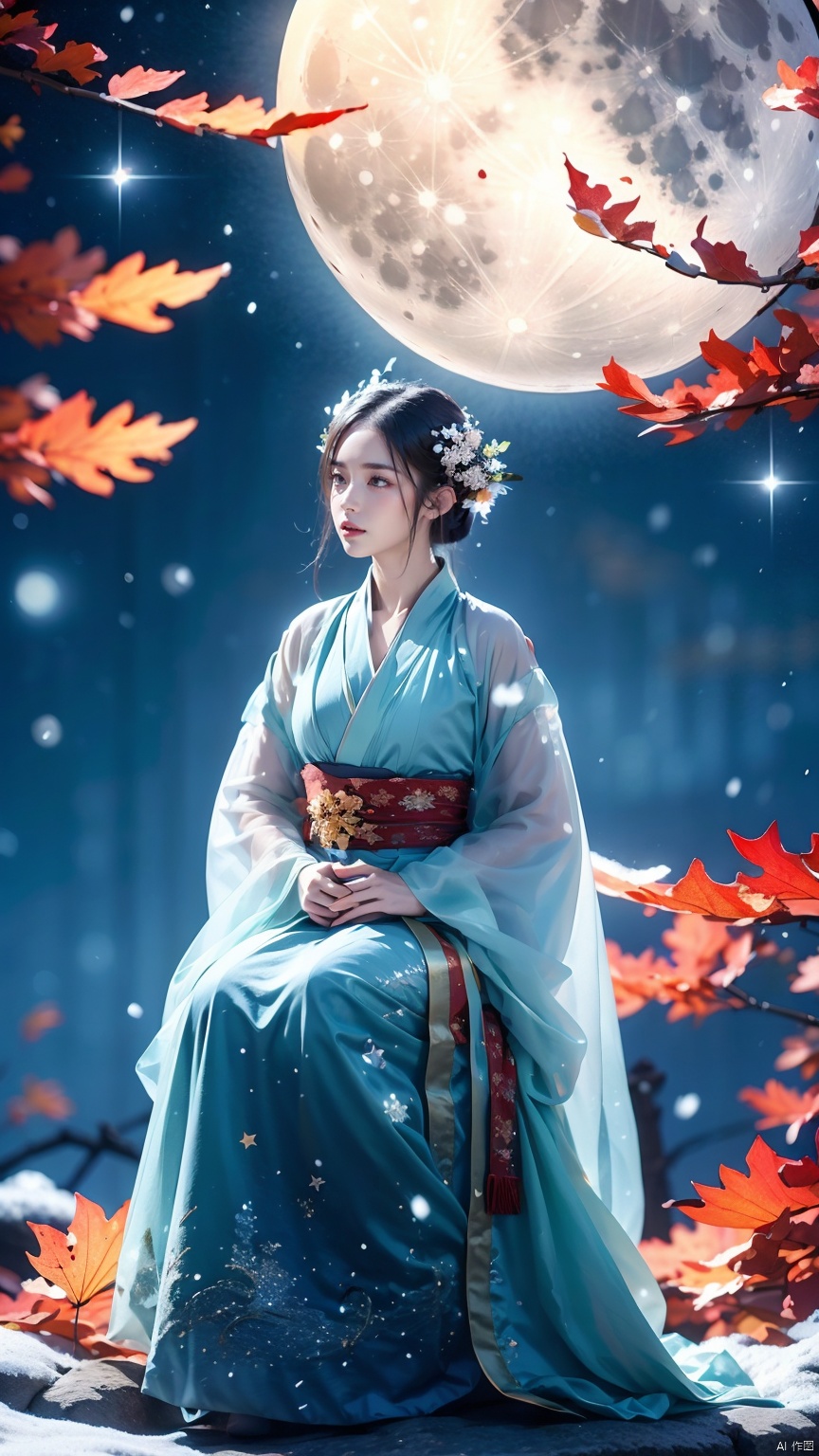 full moon,A huge moon, another moon shadow behind the moon,moonlight,1girl,Girl's posture,cloud,constellation,galaxy,hanfu,light particles,lips,milky way,night,Sitting posture,Close up, slightly sideways, looking at the camera, full body,winter,Blue Hanfu with semi transparent sleeves,night sky,own hands together,sitting,sky,snow,snowflakes,snowing,solo,space,star \(sky\),starry sky,starry sky print, glow
