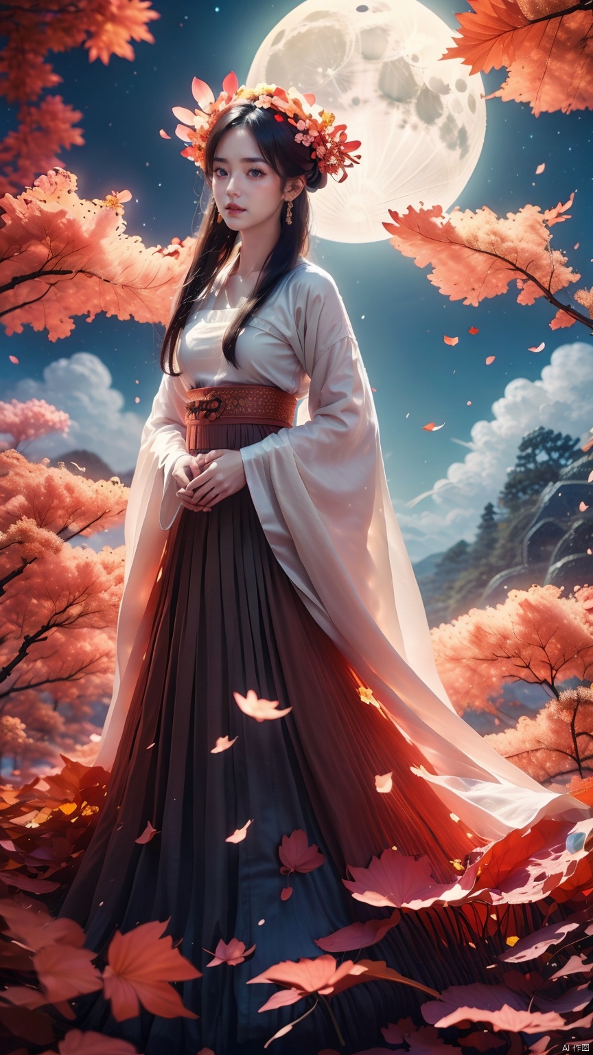 full moon,Normal size moon,moonlight,1girl,Girl's posture,autumn,autumn leaves,black hair,cloud,dress,earrings,falling leaves,falling petals,flower,ginkgo leaf,Duo Lianhua Lian Ye,Close range,Looking at the camera,Headwear,Diagonal body, upper body, above buttocks,Holding a lotus flower in both hands,night,hanfu,holding,jewelry,leaf,leaves in wind,lips,maple leaf,night sky,outdoors,petals,rose petals,sky,solo,water, 1girl, glow, hand101