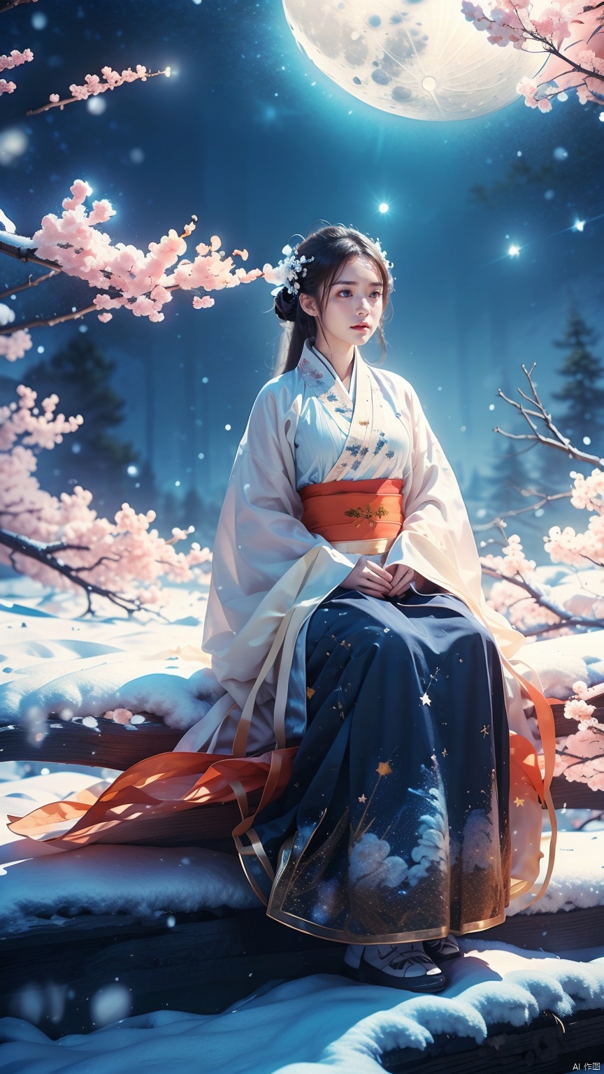 full moon,A huge moon, another moon shadow behind the moon,moonlight,1girl,Girl's posture,cloud,constellation,galaxy,hanfu,light particles,lips,milky way,night,Sitting posture,Close up, slightly sideways, looking at the camera, full body,winter,Blue Hanfu with semi transparent sleeves,night sky,own hands together,sitting,sky,snow,snowflakes,snowing,solo,space,star \(sky\),starry sky,starry sky print, glow