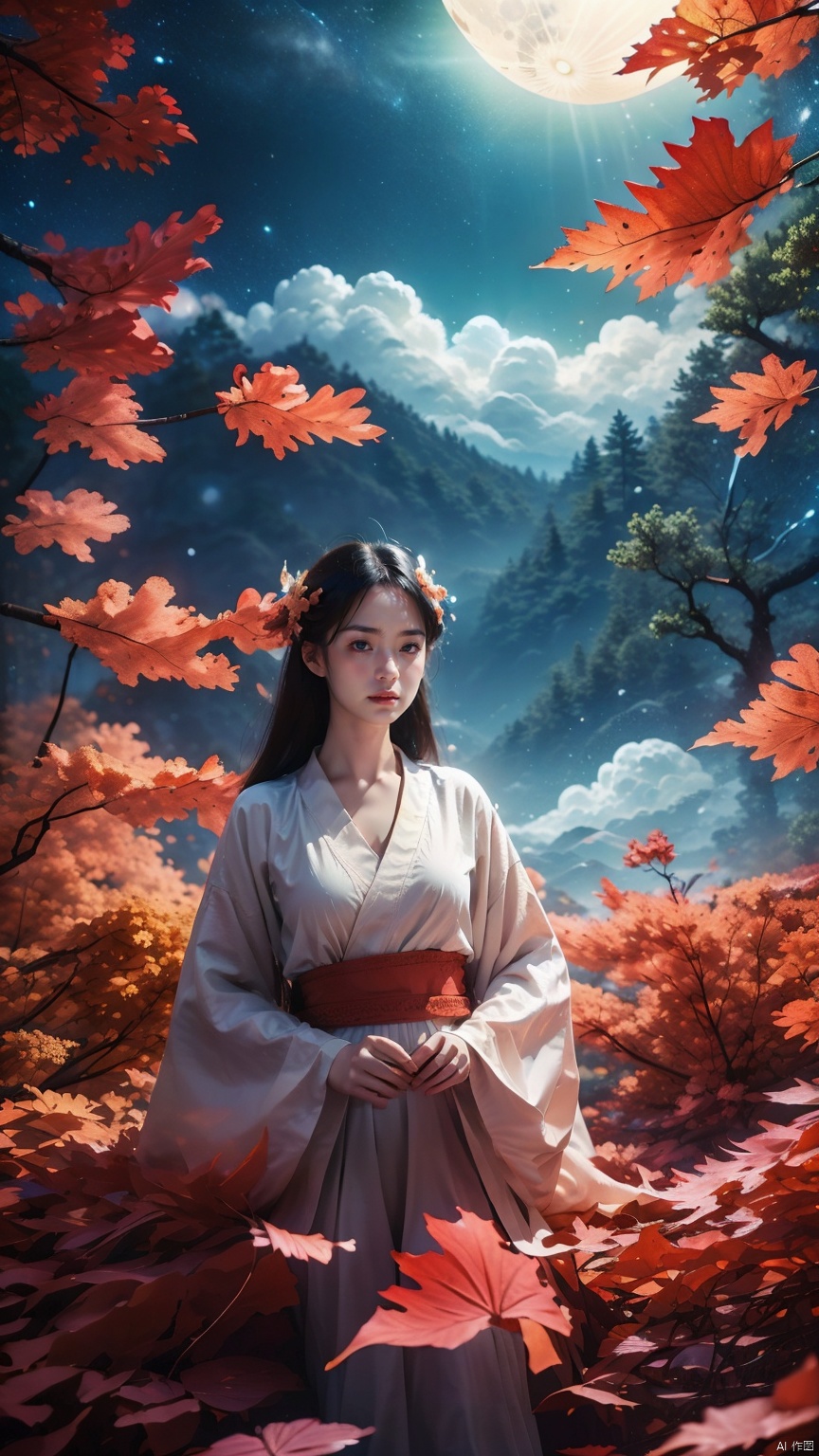 full moon,A huge moon,moonlight,1girl,autumn,autumn leaves,black hair,cloud,constellation,falling leaves,galaxy,leaf,night,Slightly sideways, upper body, above knee level,Red Hanfu,lips,long hair,maple leaf,milky way,night sky,outdoors,sky,solo,space,star \(sky\),starry sky,starry sky print,tree, 1girl, glow, hand101