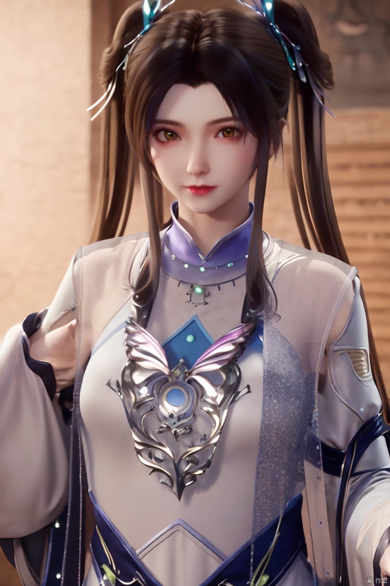 1girl, solo, long hair, looking at viewer, black hair, hair ornament, long sleeves, dress, twintails, closed mouth, upper body, indoors, hair bun, chinese clothes, hair rings, hww