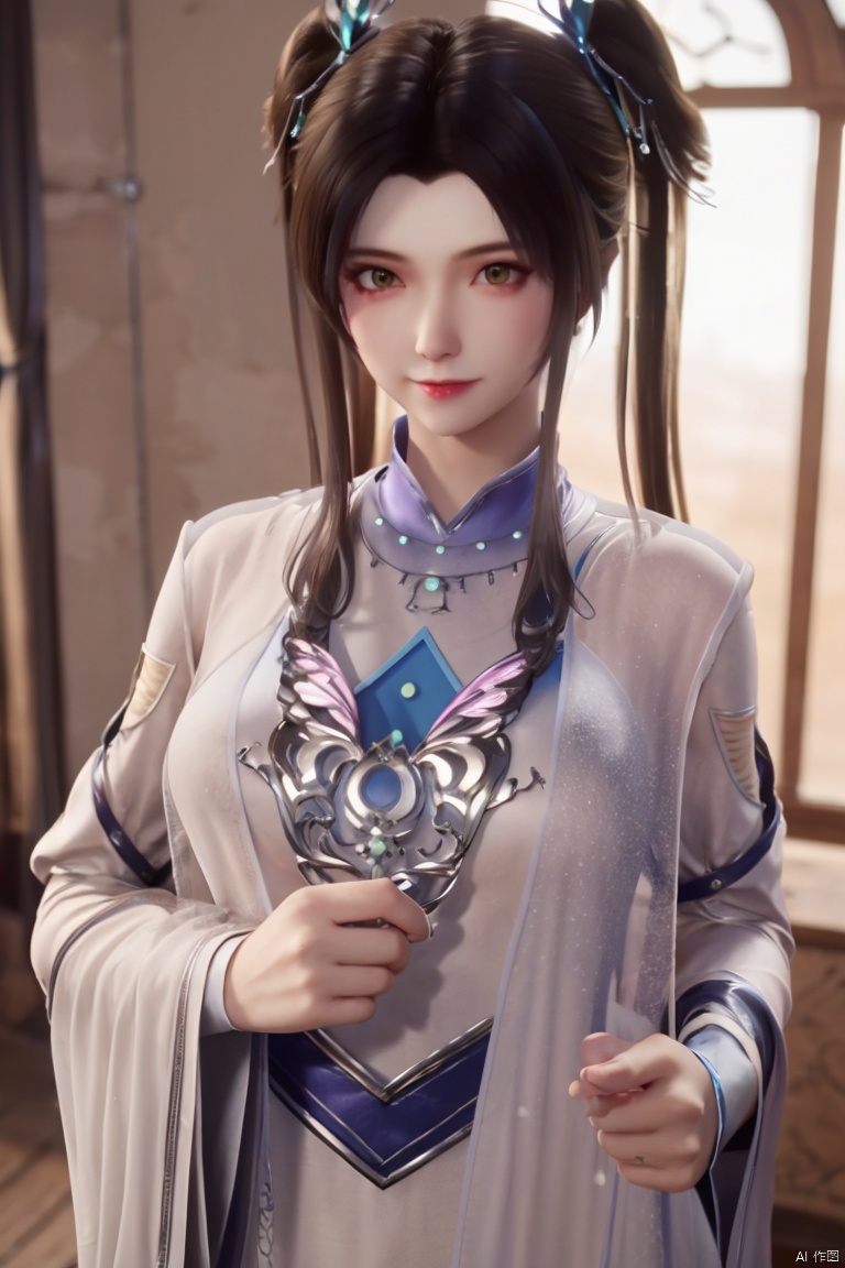 1girl, solo, long hair, looking at viewer, black hair, hair ornament, long sleeves, dress, twintails, closed mouth, upper body, indoors, hair bun, chinese clothes, hair rings, hww