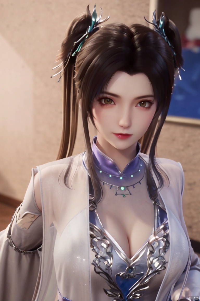 1girl, solo, long hair, looking at viewer, black hair, hair ornament, long sleeves, dress, twintails, closed mouth, upper body, indoors, hair bun, chinese clothes, hair rings, hww,cleavage cutout,cleavage,big_breasts