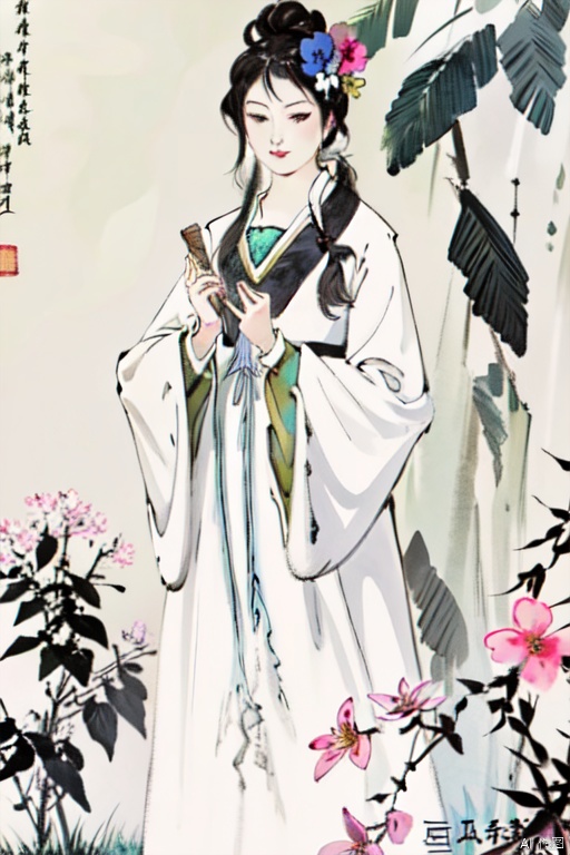 1girl,solo,long hair,black hair,hair ornament,long sleeves,dress,holding,closed mouth,flower,hair flower,wide sleeves ,white dress,traditional media,chinese clotheshanfu,shinvtu,beauty,