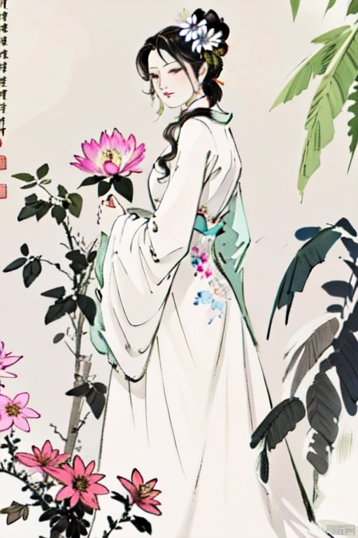 1girl,solo,long hair,black hair,hair ornament,long sleeves,dress,holding,closed mouth,flower,hair flower,wide sleeves ,white dress,traditional media,chinese clotheshanfu,shinvtu,beauty,