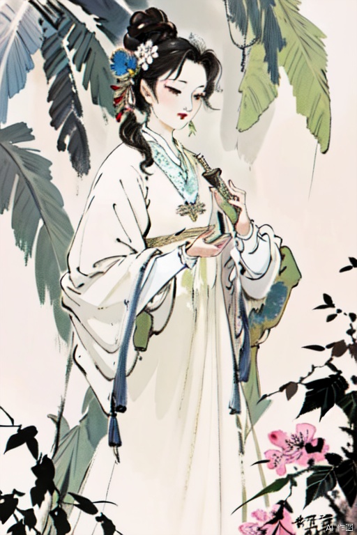 1girl,solo,long hair,black hair,hair ornament,long sleeves,dress,holding,closed mouth,flower,hair flower,wide sleeves ,white dress,traditional media,chinese clotheshanfu,shinvtu,beauty,