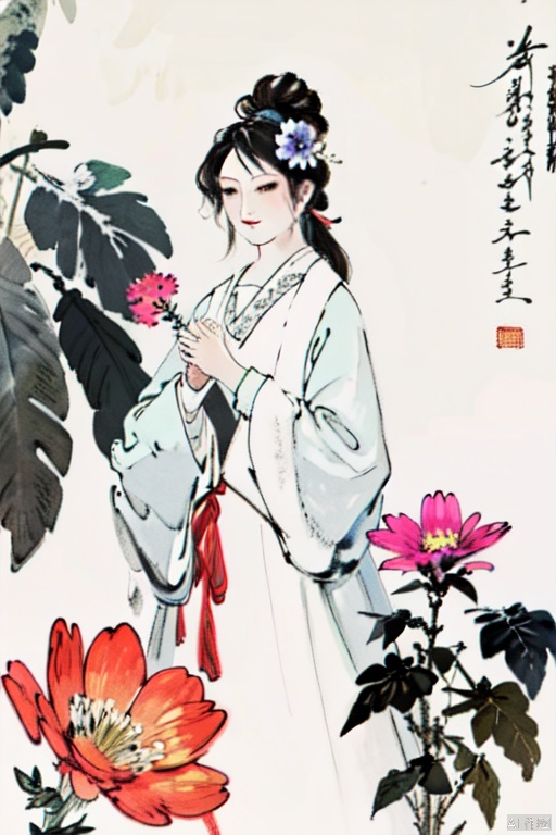1girl,solo,long hair,black hair,hair ornament,long sleeves,dress,holding,closed mouth,flower,hair flower,wide sleeves ,white dress,traditional media,chinese clotheshanfu,shinvtu