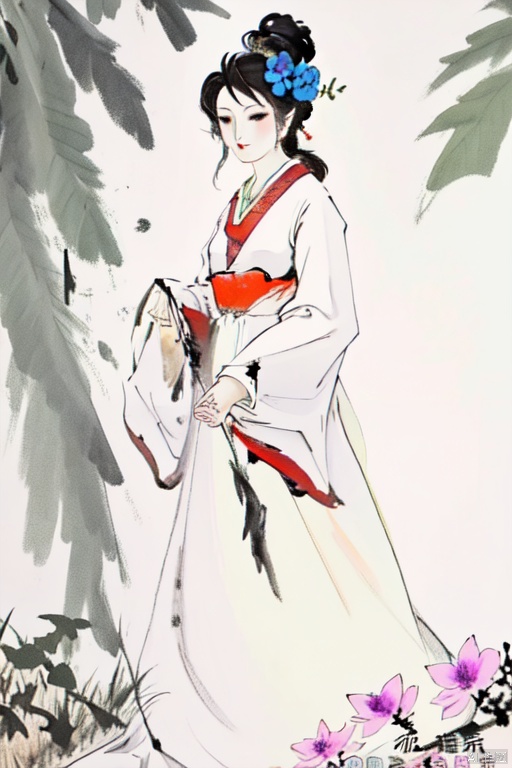 1girl,solo,long hair,black hair,hair ornament,long sleeves,dress,holding,closed mouth,flower,hair flower,wide sleeves ,white dress,traditional media,chinese clotheshanfu,shinvtu,beauty,