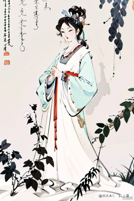1girl,solo,long hair,black hair,hair ornament,long sleeves,dress,holding,closed mouth,flower,hair flower,wide sleeves ,white dress,traditional media,chinese clotheshanfu,shinvtu,beauty,