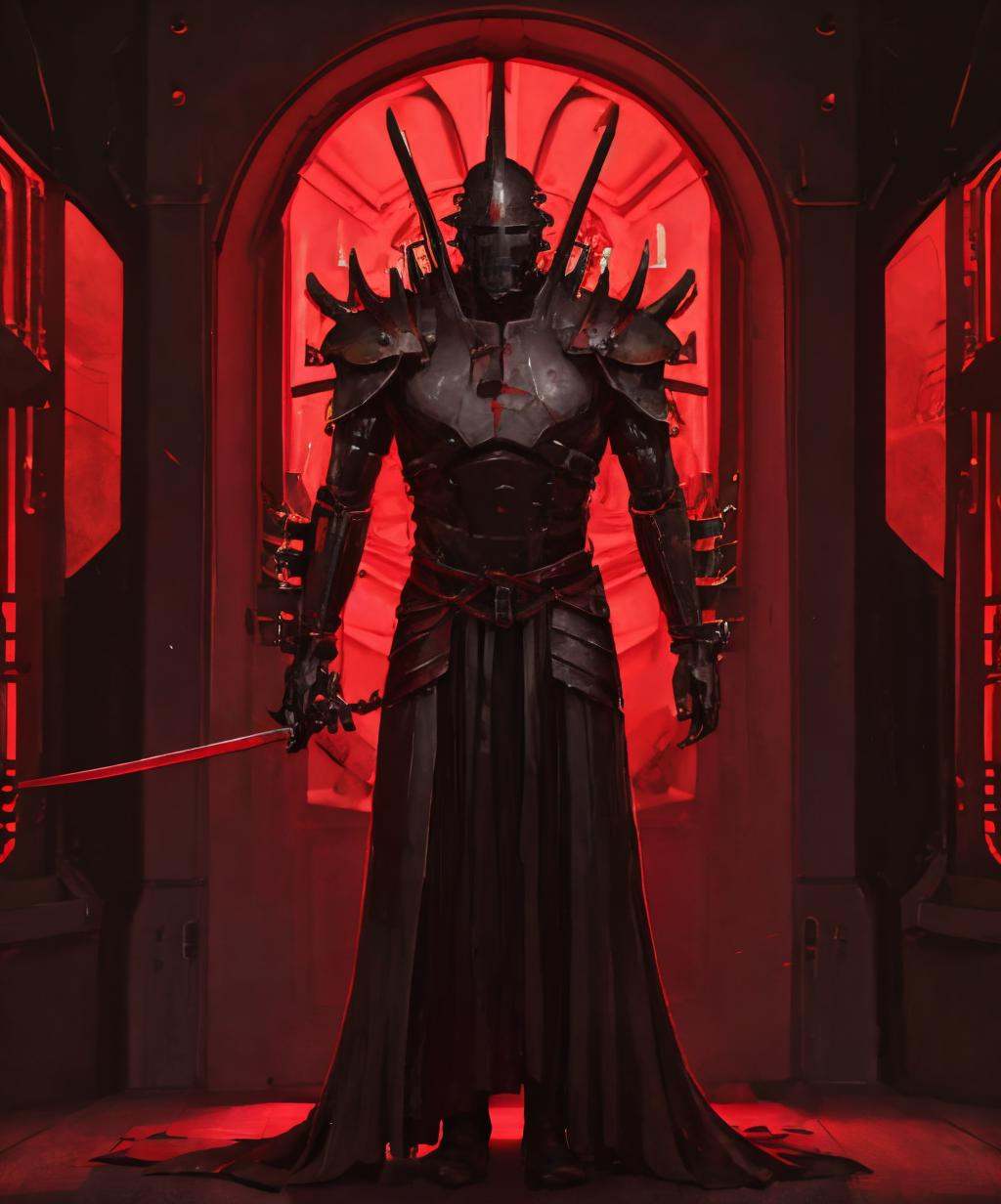 red theme,looking at viewer,holding,weapon,holding weapon,armor,helmet,shoulder armor,robe,standing,spikes,science fiction,<lora:cultiste-07:1>,