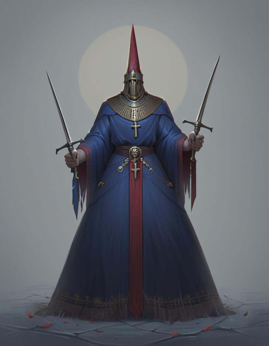 Thick layered papercut art of score_9_up,score_8_up,score_7_up,score_6_up,chiaroscuro,low-key,solo,1boy,holding,jewelry,standing,full body,weapon,sword,necklace,holding weapon,holding sword,helmet,cross,knife,dual wielding,robe,holding knife,candle,dagger,holding dagger,candlestand,<lora:cultistexl-000005:1>,<lora:zavy-cntrst-sdxl:0.8>,<lora:xl_more_art-full_v1:0.8>, . Deep 3D, volumetric, dimensional, depth, thick paper, high stack, heavy texture, tangible layers