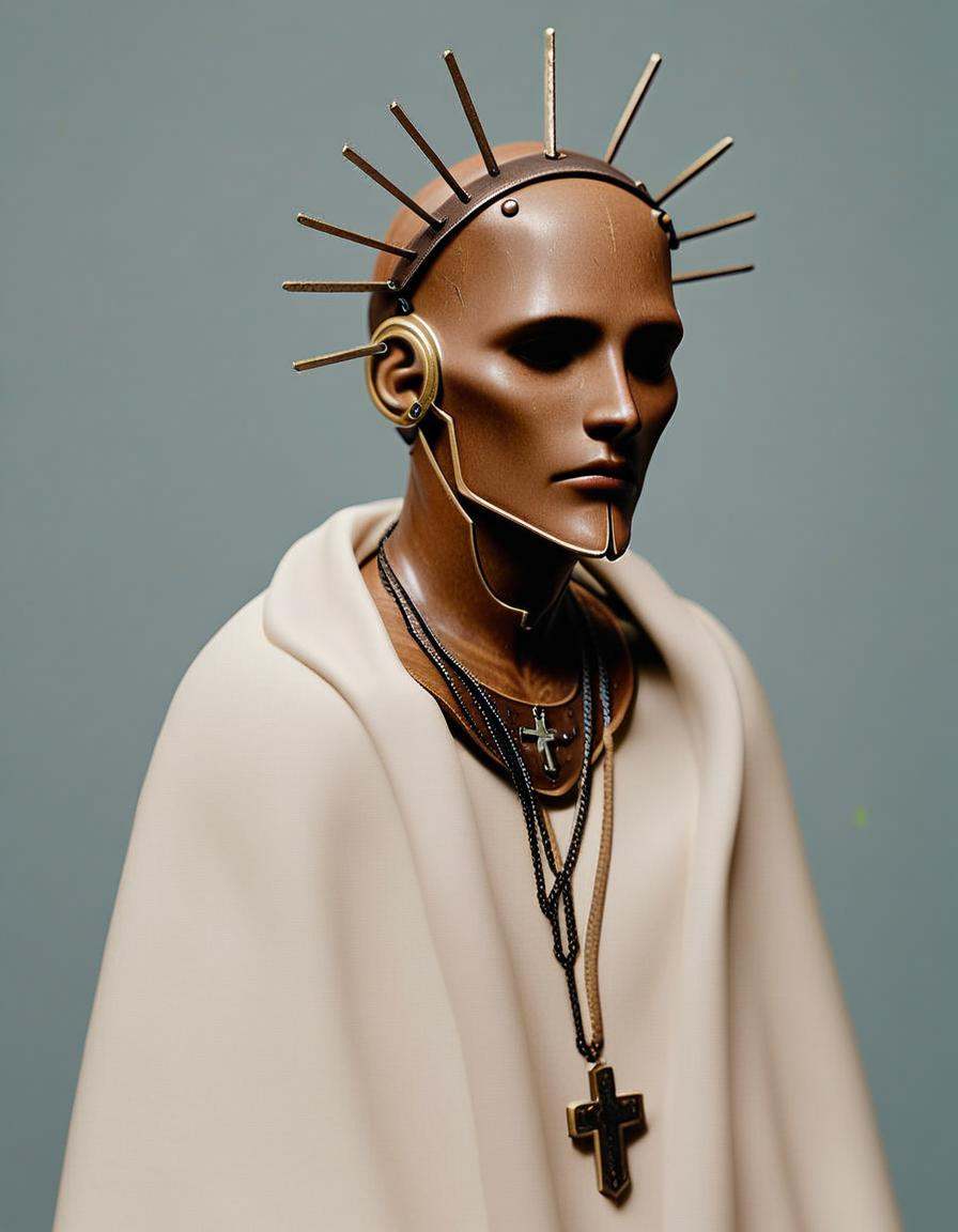 Steampunk style score_9_up,score_8_up,score_7_up,score_6_up,dark,chiaroscuro,low-key,(faceless:1.2),solo,hood,hood up,covered face,robe,shoulder armor,chain,male focus,upper body,necklace,cross,<lora:cultistexl-000005:1>,<lora:zavy-cntrst-sdxl:0.8>,<lora:xl_more_art-full_v1:0.8>, . Antique, mechanical, brass and copper tones, gears, intricate, detailed