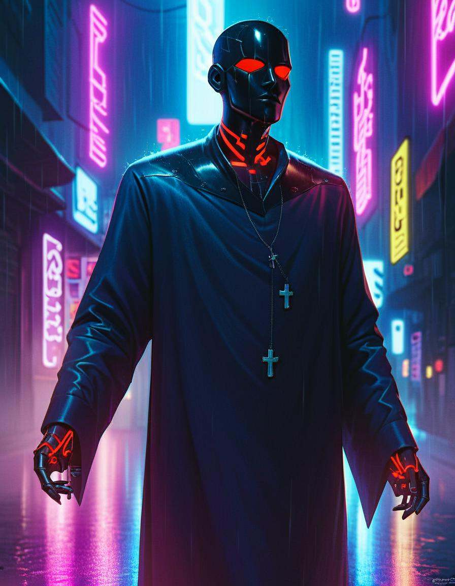 Neon noir score_9_up,score_8_up,score_7_up,score_6_up,chiaroscuro,low-key,solo,cross,robe,blood,<lora:cultistexl-000005:1>,<lora:zavy-cntrst-sdxl:0.8>,<lora:xl_more_art-full_v1:0.8>, . Cyberpunk, dark, rainy streets, neon signs, high contrast, low light, vibrant, highly detailed