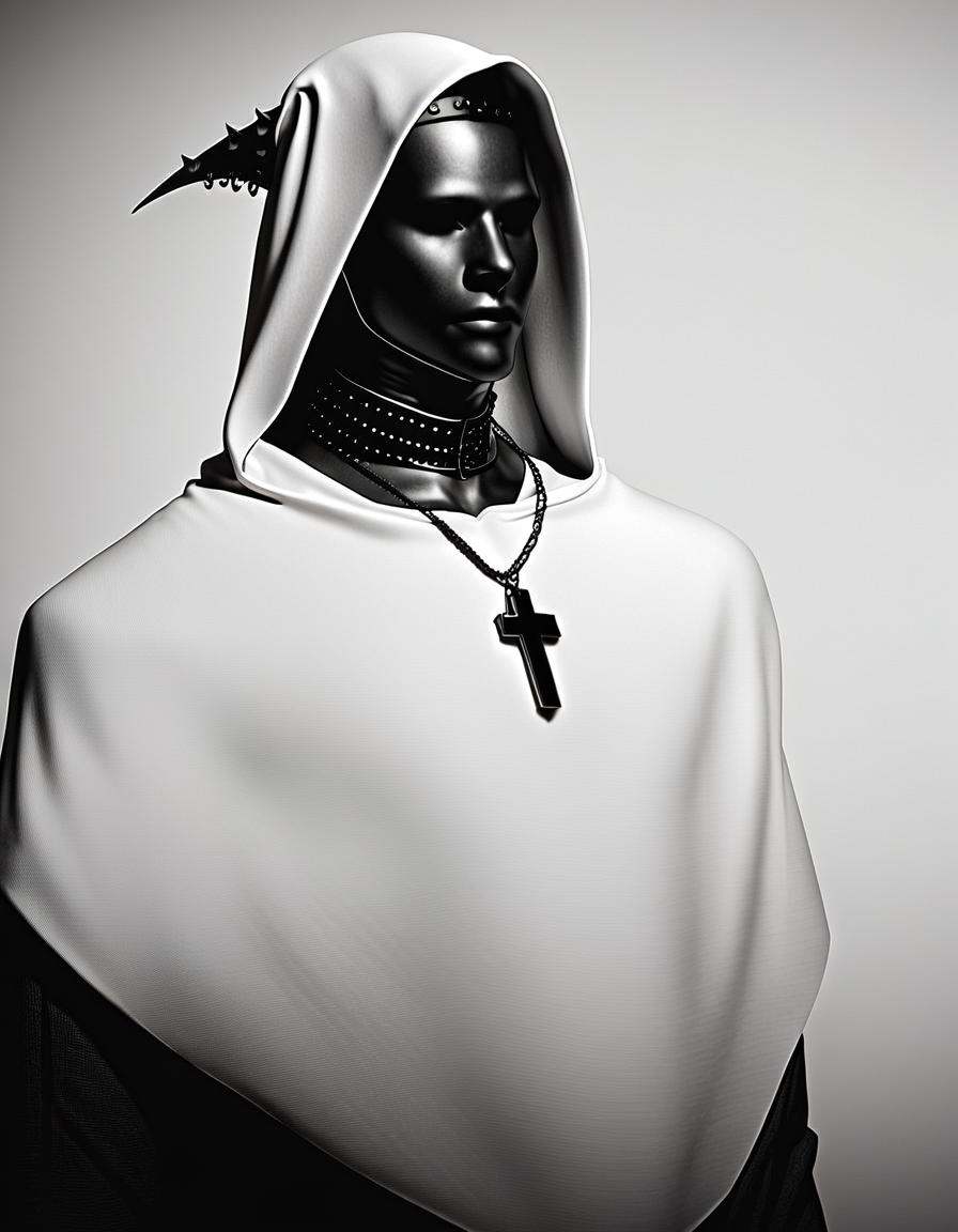 Monochrome score_9_up,score_8_up,score_7_up,score_6_up,dark,chiaroscuro,low-key,(faceless:1.2),1boy,solo,spiked,hood,hood up,jewelry,robe,shoulder armor,chain,male focus,upper body,necklace,cross,<lora:cultistexl-000005:1>,<lora:zavy-cntrst-sdxl:0.8>,<lora:xl_more_art-full_v1:0.8>, . Black and white, contrast, tone, texture, detailed