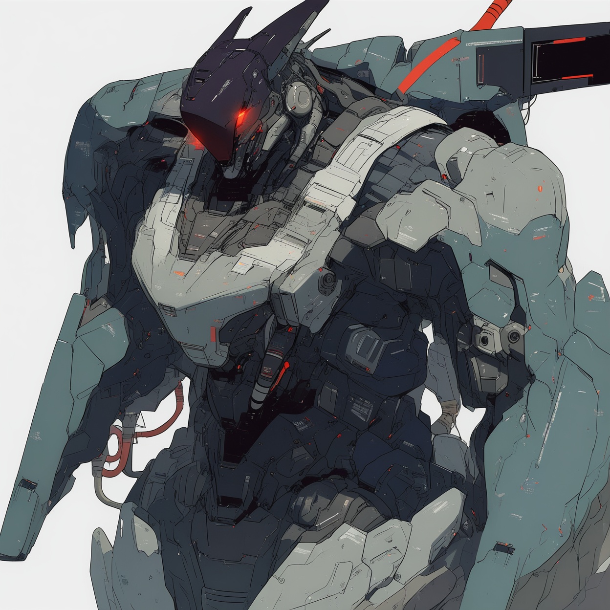 robot, rough sketch, flat color, no humans, science fiction, white background, solo, red eyes, cable, simple background, glowing, looking ahead, glowing eyes, standing, upper body, glowing eye
,masterpiece, best quality,