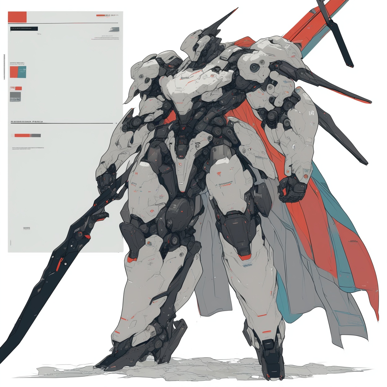 robot, rough sketch, flat color,  holding, weapon, holding weapon, no humans, solo, standing, science fiction, polearm, holding polearm, open hand, cape, armor, full body, holding sword, sword, white background, looking ahead, redesign,
,masterpiece, best quality,