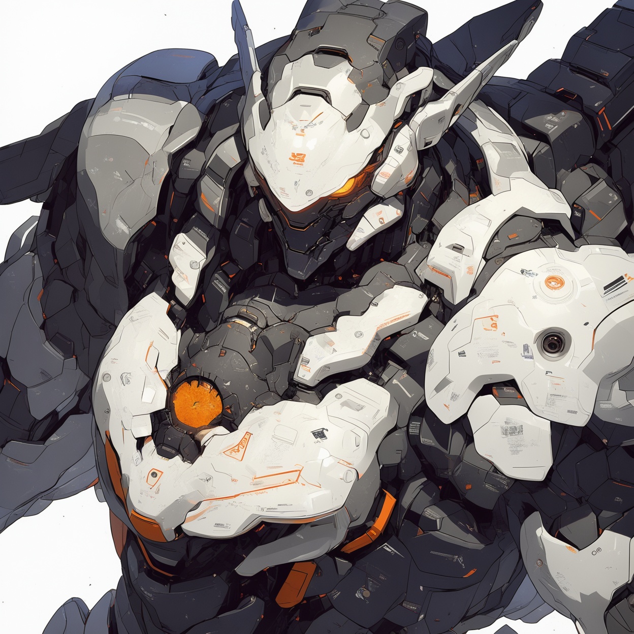 masterpiece, best quality,
robot, rough sketch, flat color, illustration, armor, solo, 1boy, helmet, upper body, looking at viewer, white background, science fiction, glowing, orange eyes, no humans, simple background, glowing eyes, power armor, 